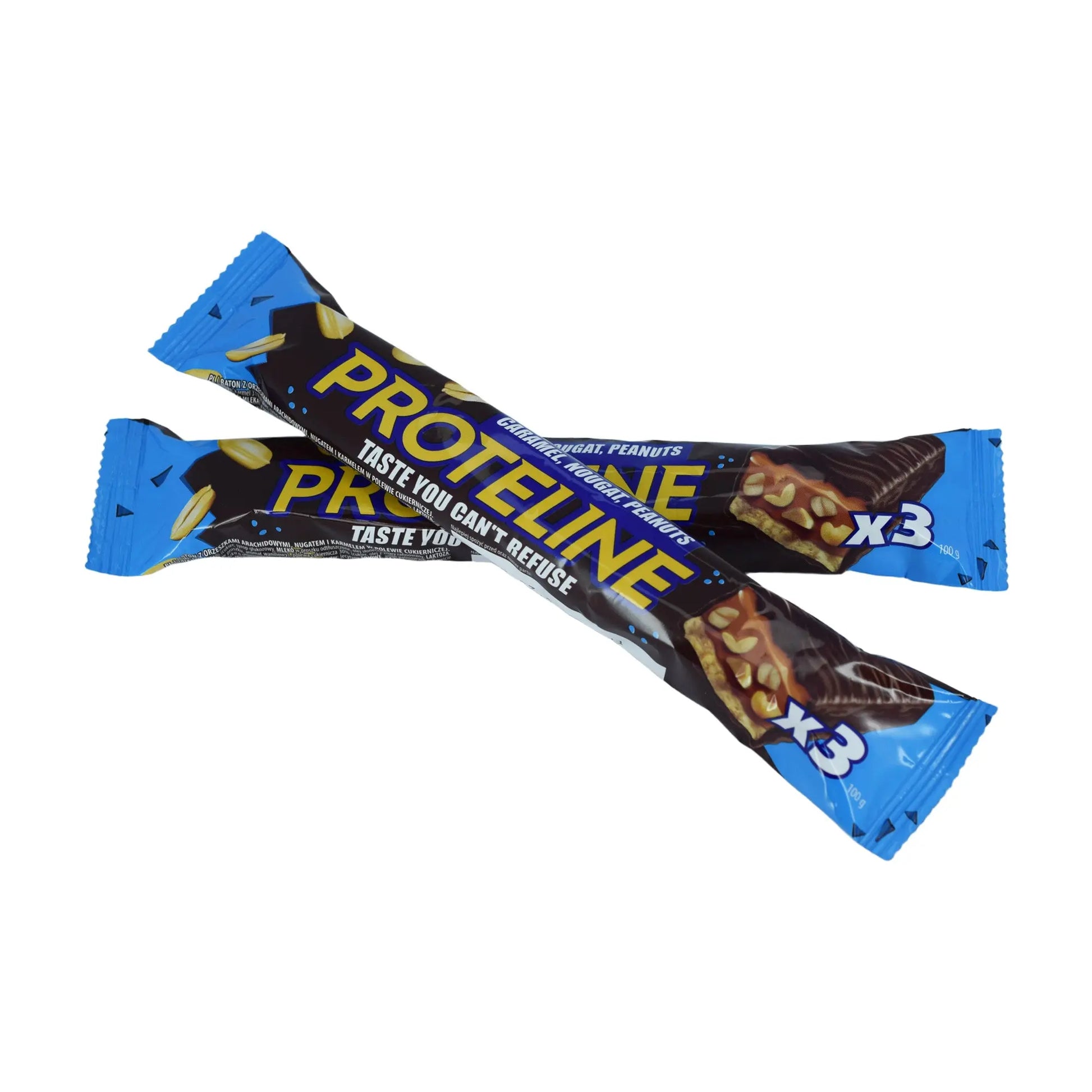 Bar with peanuts, nougat and caramel glazed with confectionery glaze (100g) Protein bar