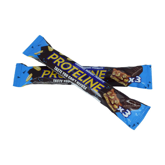 Bar with peanuts, nougat and caramel glazed with confectionery glaze (100g) Protein bar