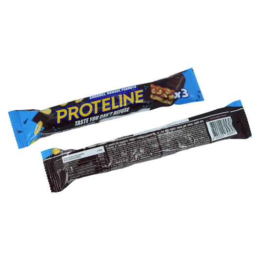 Bar with peanuts, nougat and caramel glazed with confectionery glaze (100g) Protein bar