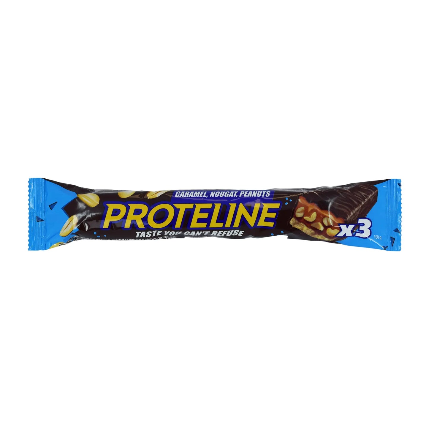 Bar with peanuts, nougat and caramel glazed with confectionery glaze (100g) Protein bar