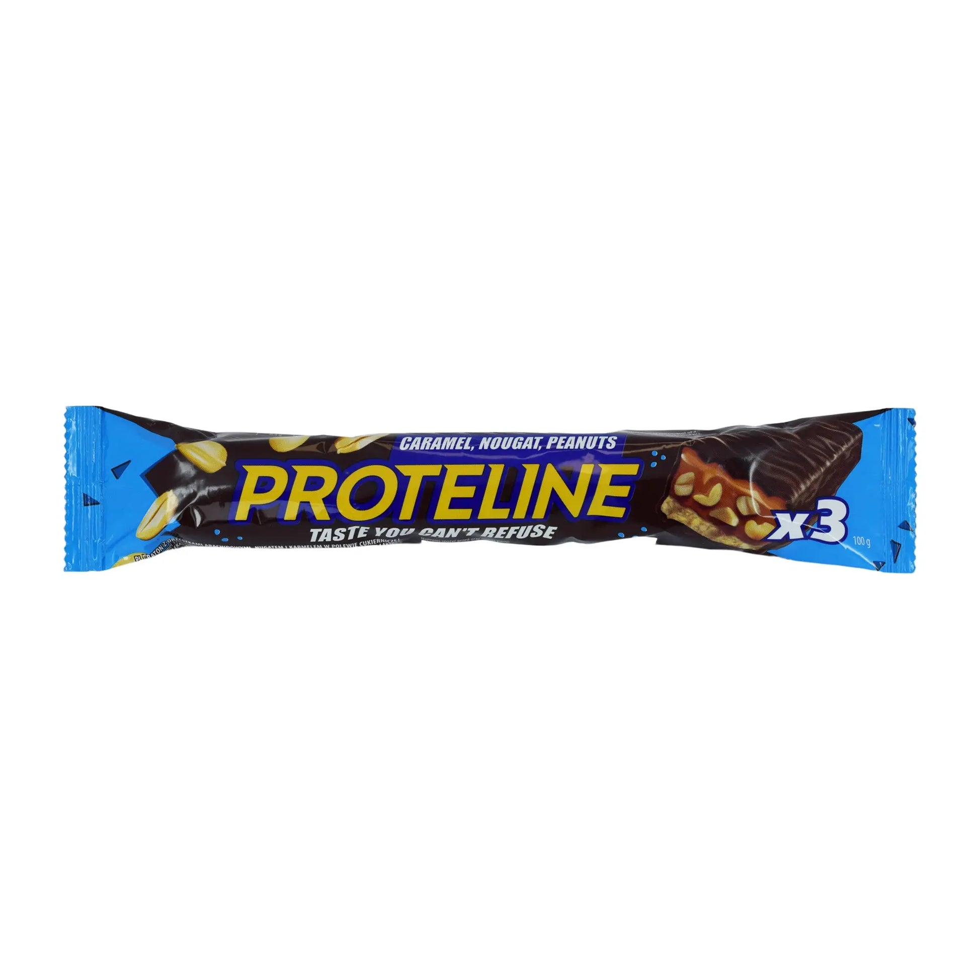 Bar with peanuts, nougat and caramel glazed with confectionery glaze (100g) Protein bar