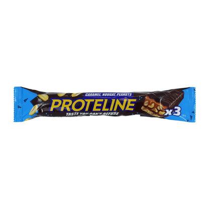 Bar with peanuts, nougat and caramel glazed with confectionery glaze (100g) Protein bar