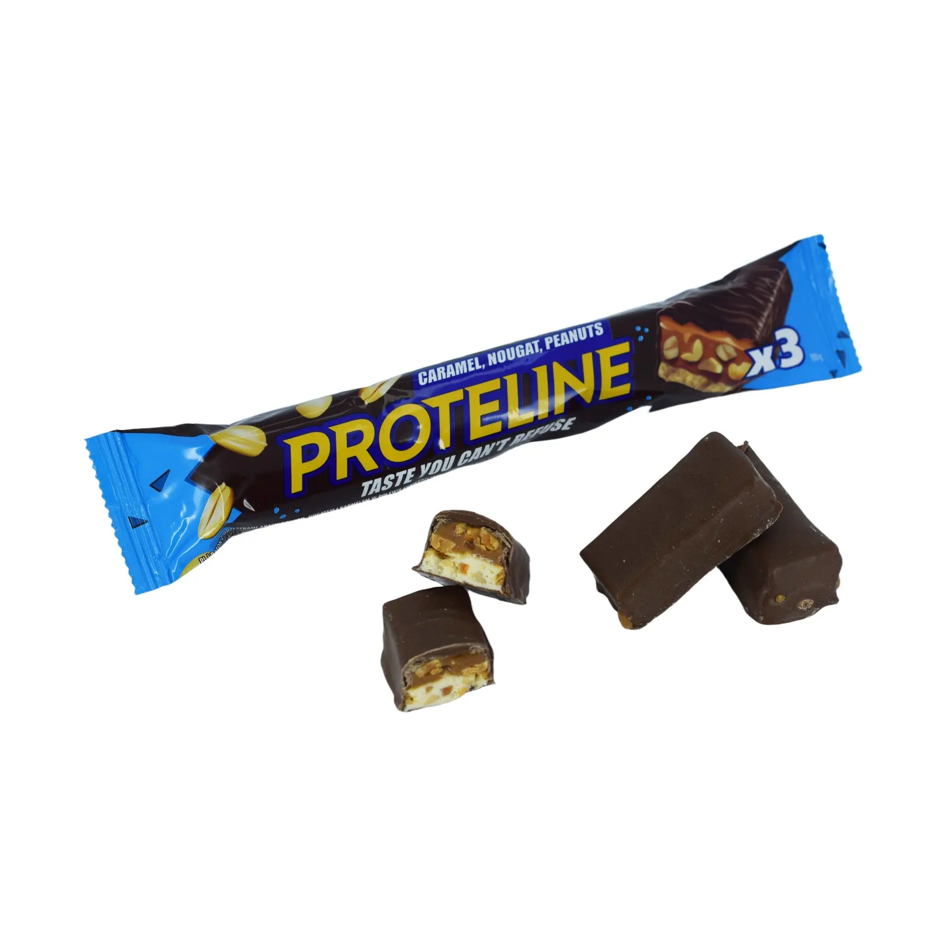 Bar with peanuts, nougat and caramel glazed with confectionery glaze (100g) Protein bar