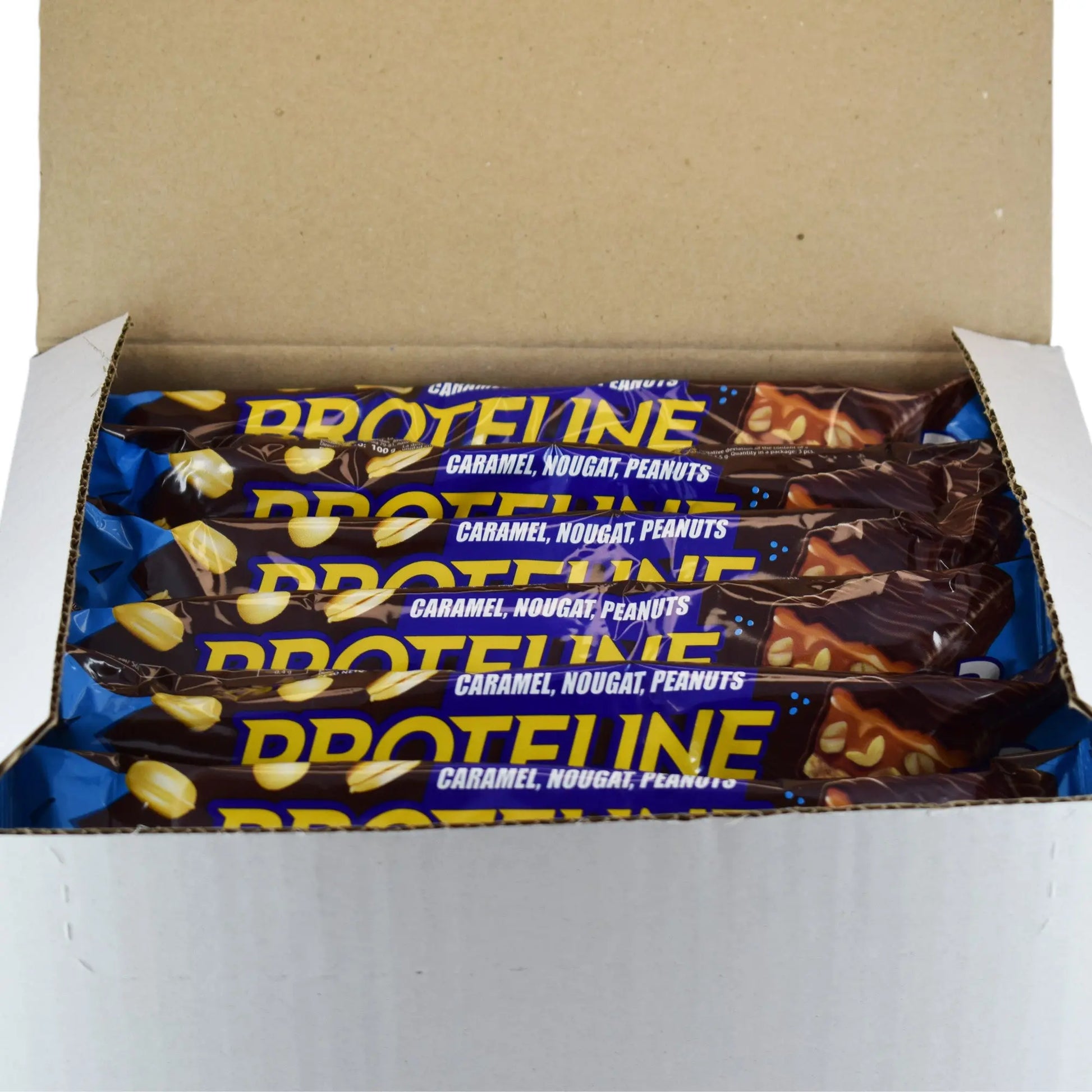 Bar with peanuts, nougat and caramel glazed with confectionery glaze (100g) Protein bar